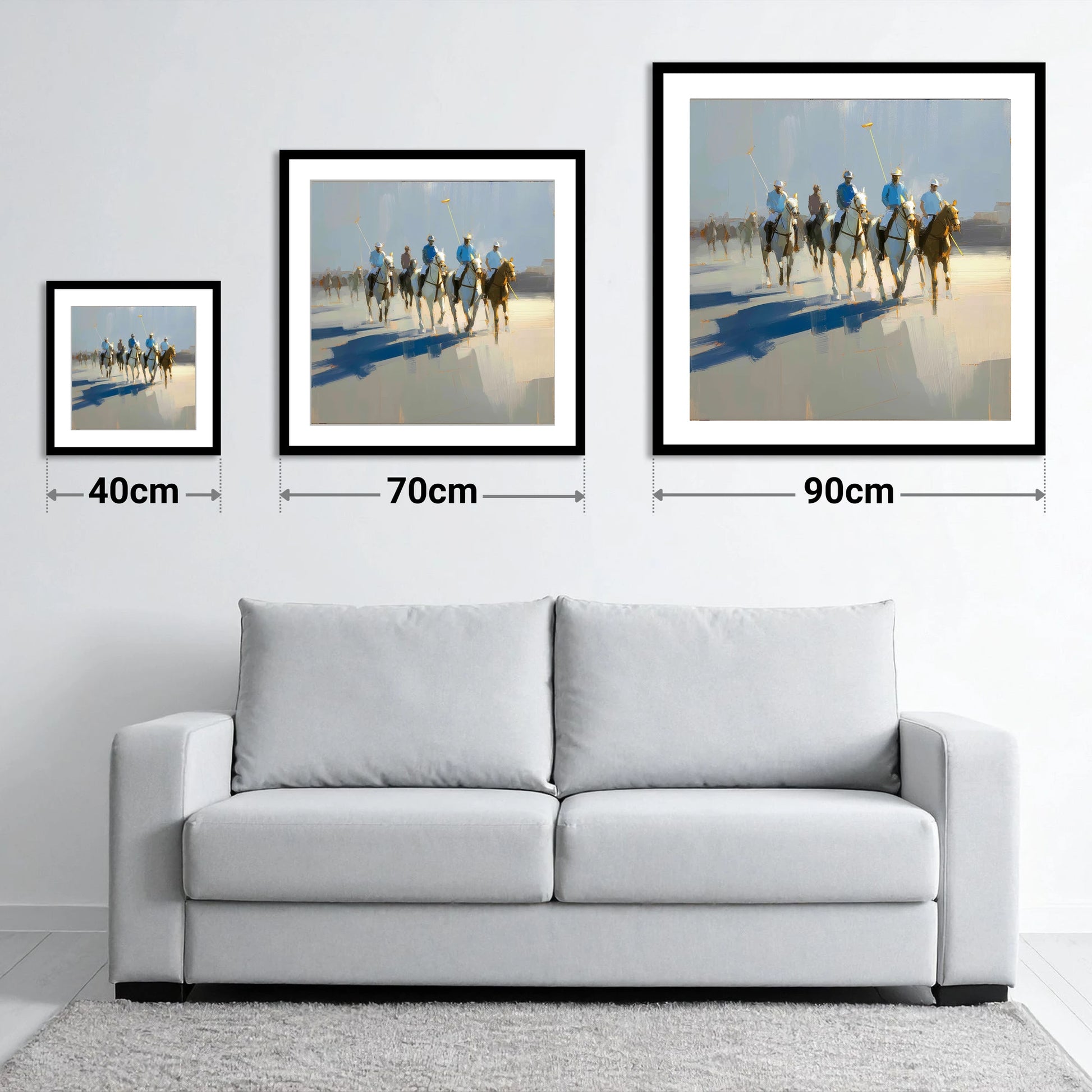 Sunlit Polo Approach - size guide showing 40cm, 70cm and 90cm art prints