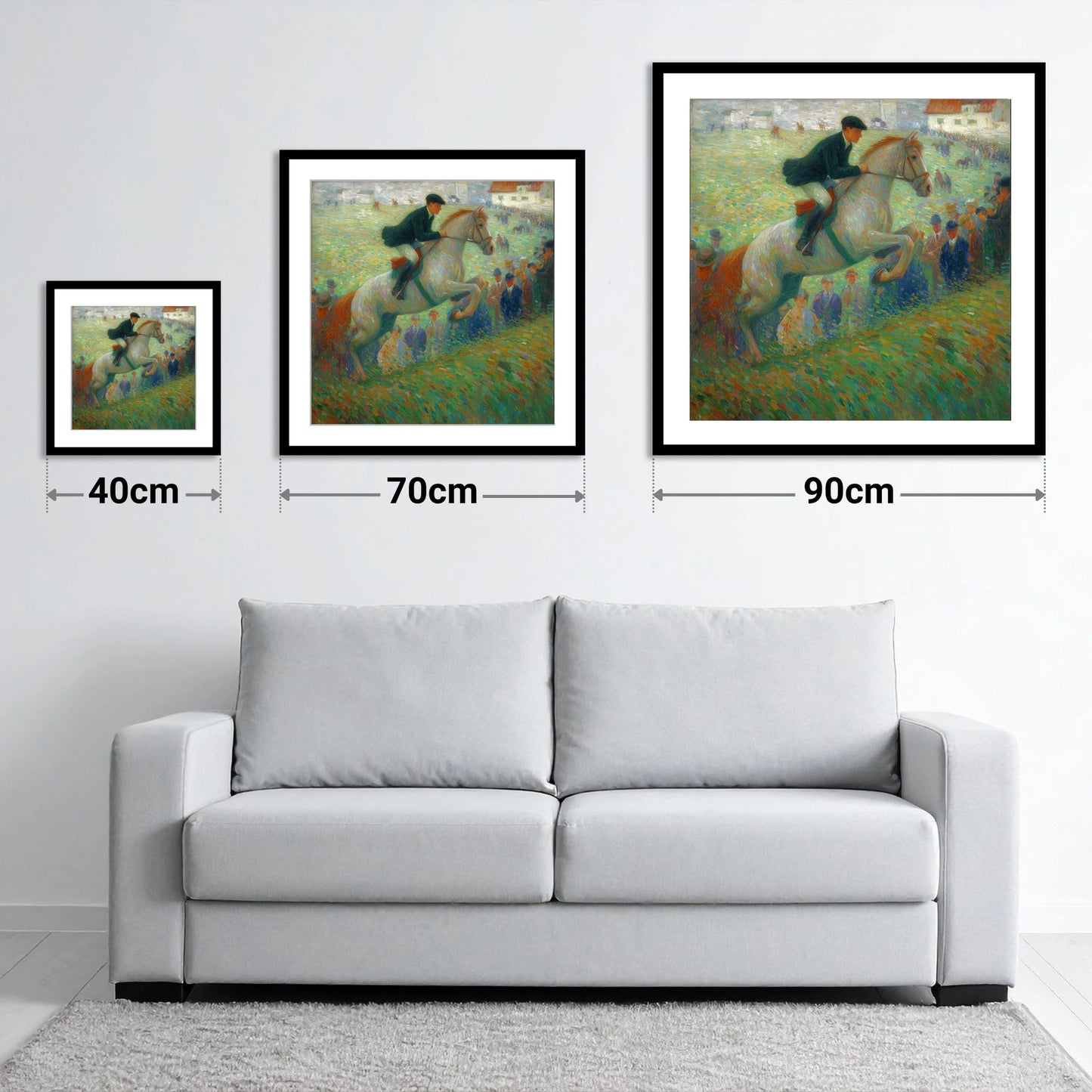 Luminous Grey in Flight - size guide showing 40cm, 70cm and 90cm art prints
