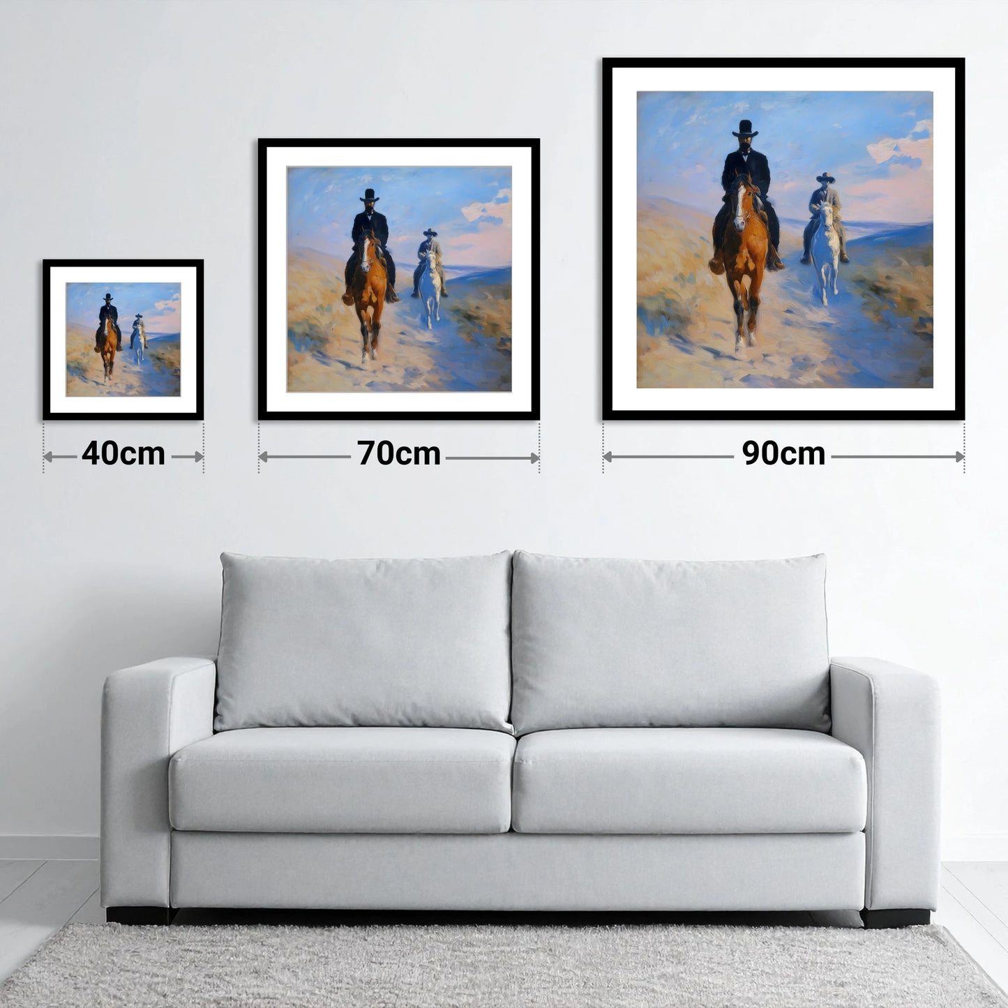 Shadows on the Plains - size guide showing 40cm, 70cm and 90cm art prints