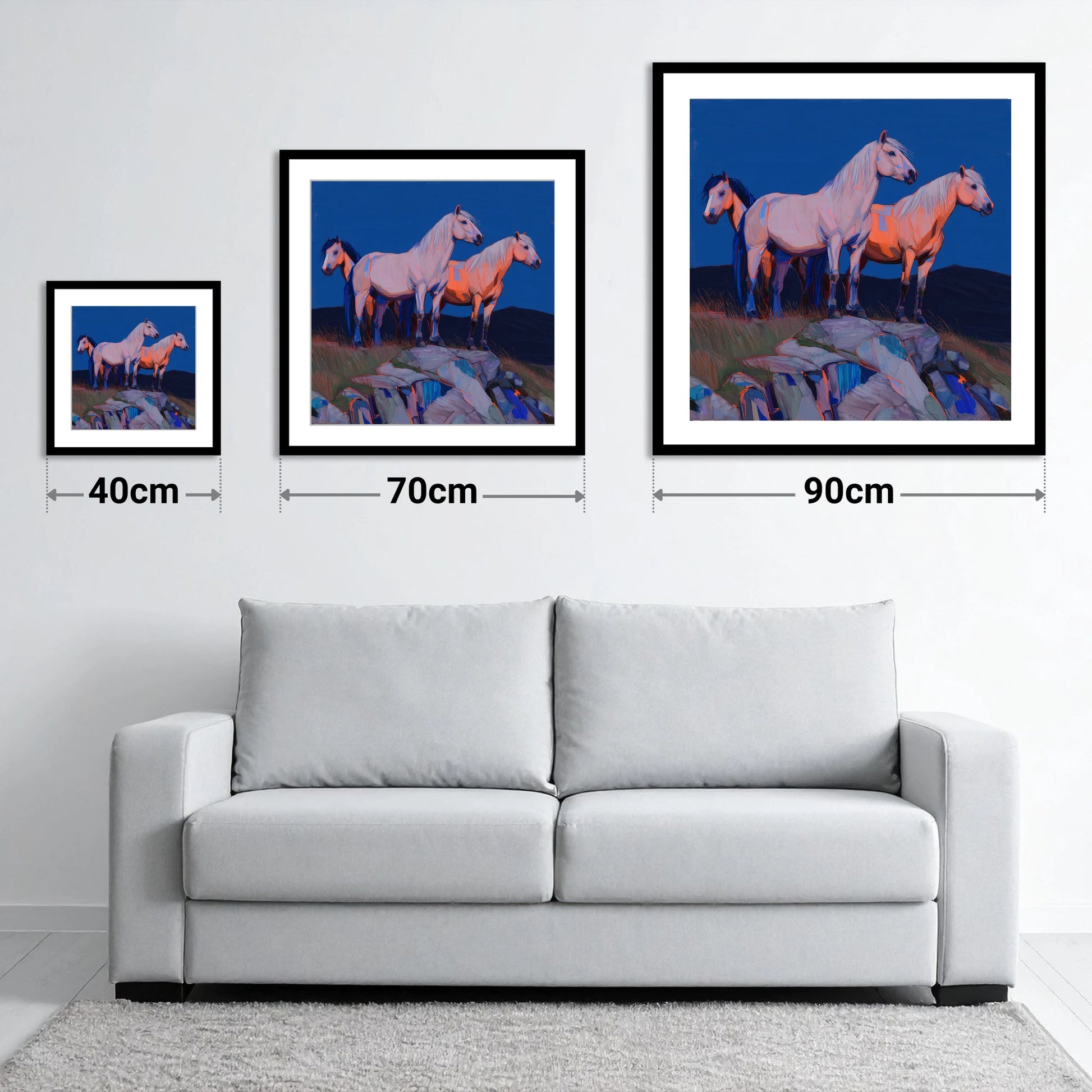 Vanguard of the Heights - size guide showing 40cm, 70cm and 90cm art prints