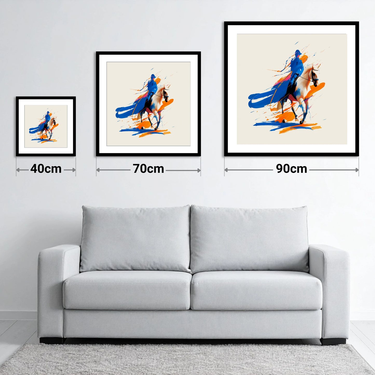 Cobalt Canter - size guide showing 40cm, 70cm and 90cm art prints
