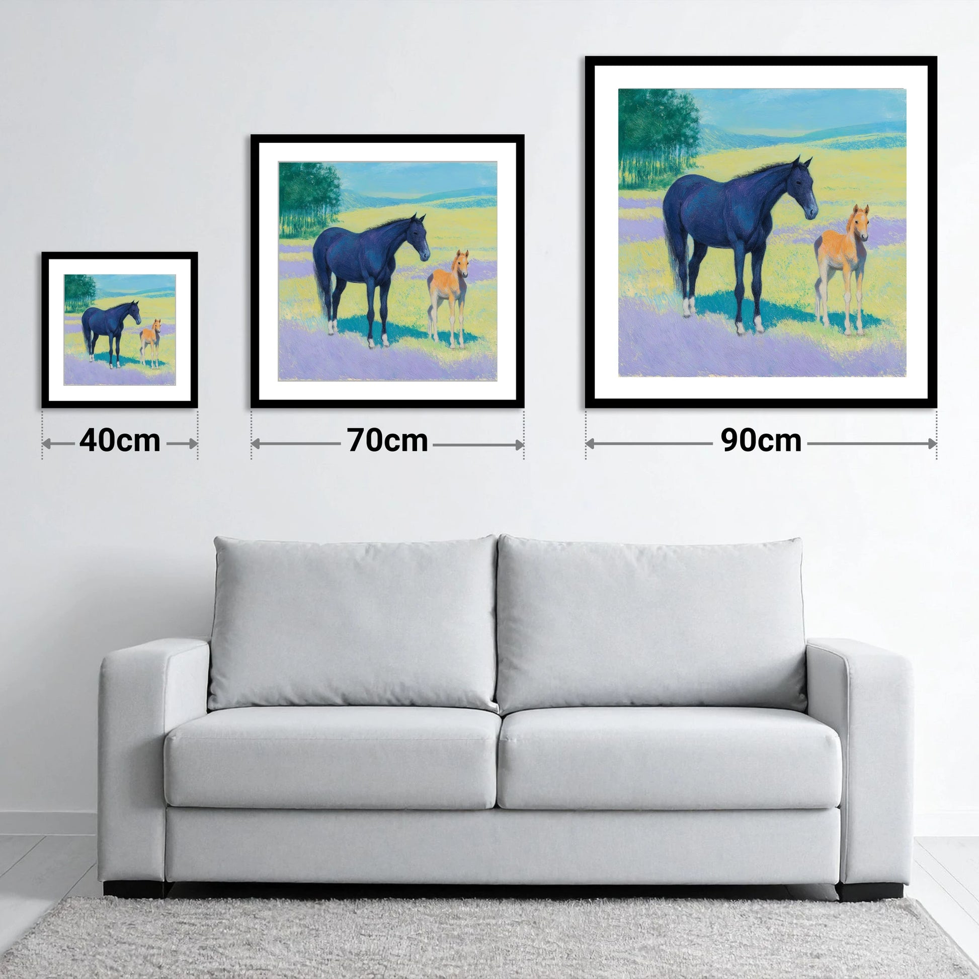 Lavender Meadow Bond - size guide showing 40cm, 70cm and 90cm art prints