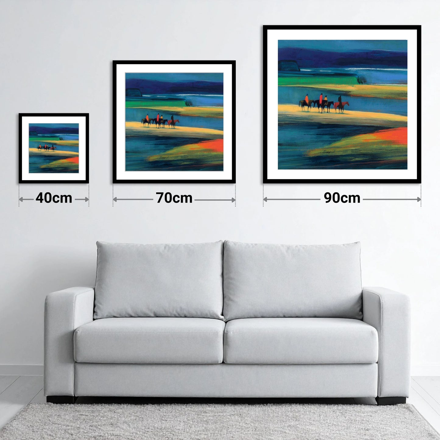 Riders on the Painted Tide - size guide showing 40cm, 70cm and 90cm art prints