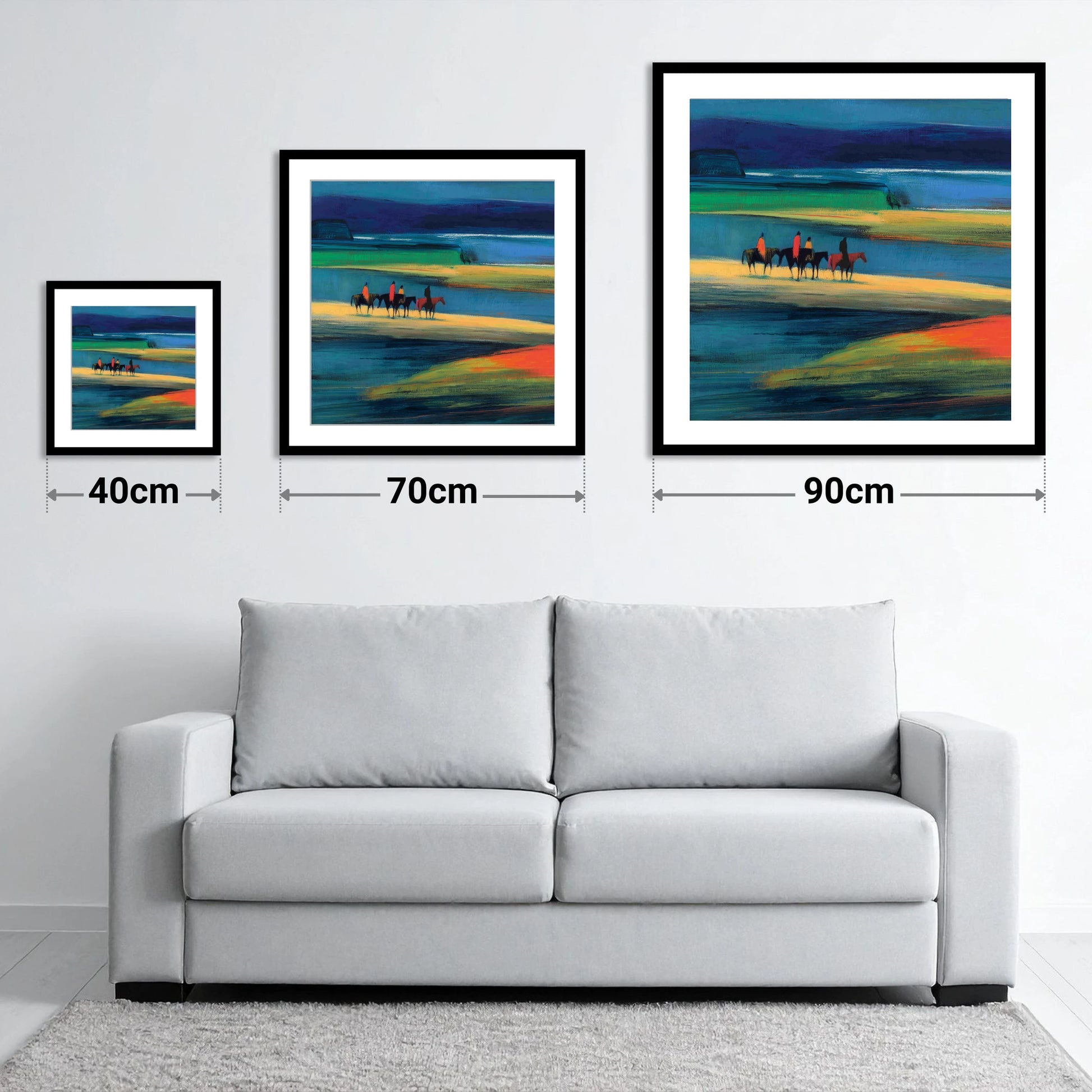 Riders on the Painted Tide - size guide showing 40cm, 70cm and 90cm art prints