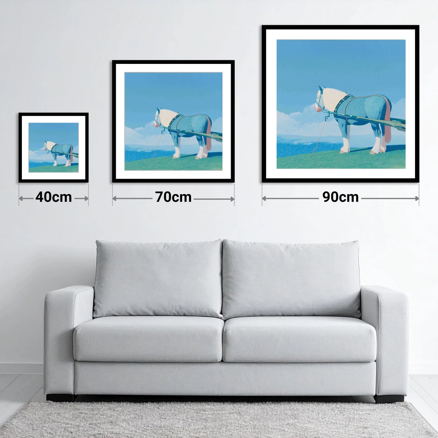 Steadfast Horizon - size guide showing 40cm, 70cm and 90cm art prints