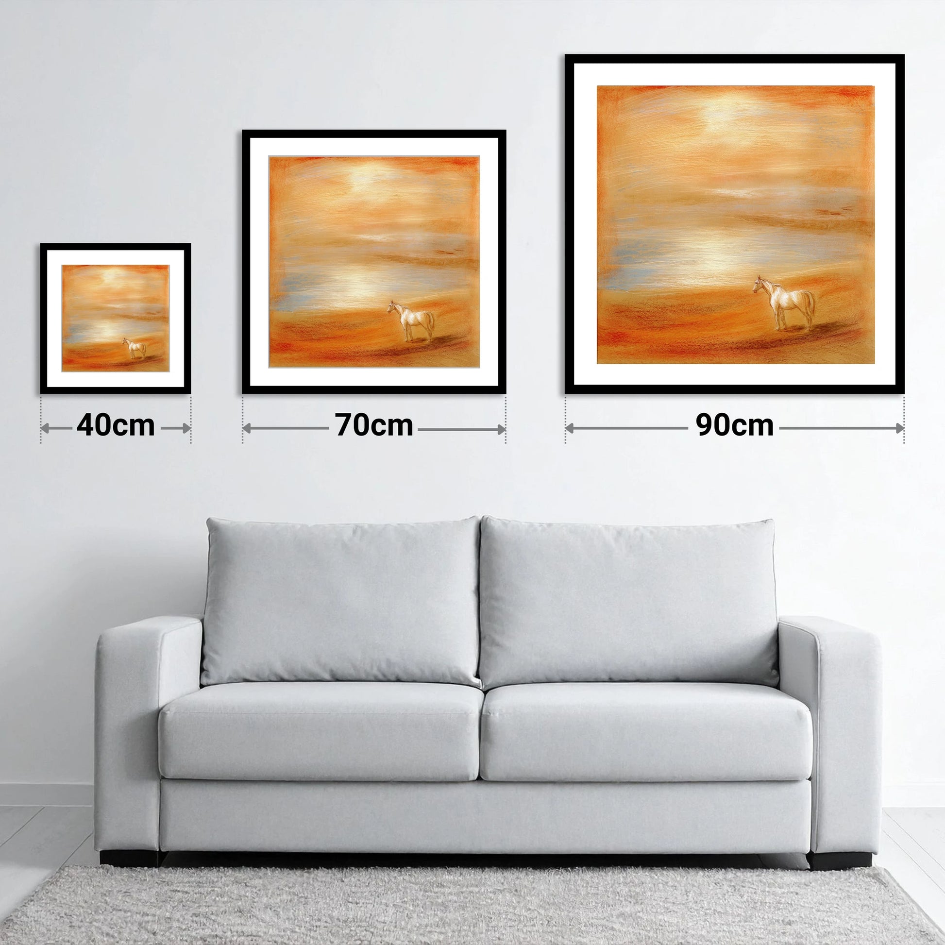 Amber Horizon - size guide showing 40cm, 70cm and 90cm art prints