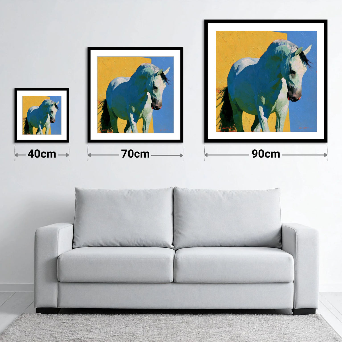 Grey Horse in Vibrant Light - size guide showing 40cm, 70cm and 90cm art prints