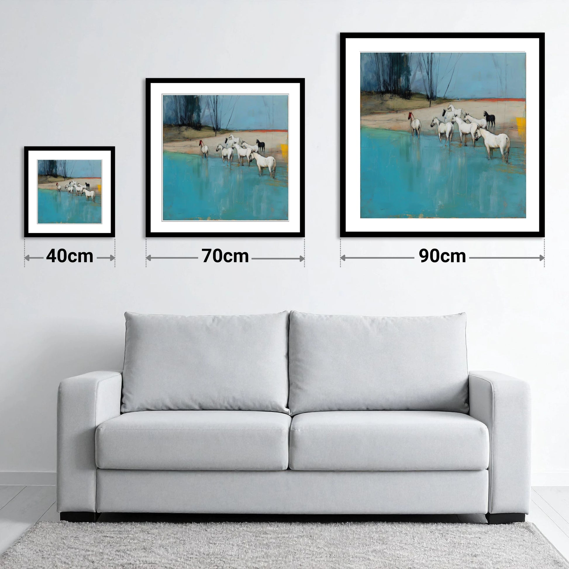 Wading in Teal Shallows - size guide showing 40cm, 70cm and 90cm art prints