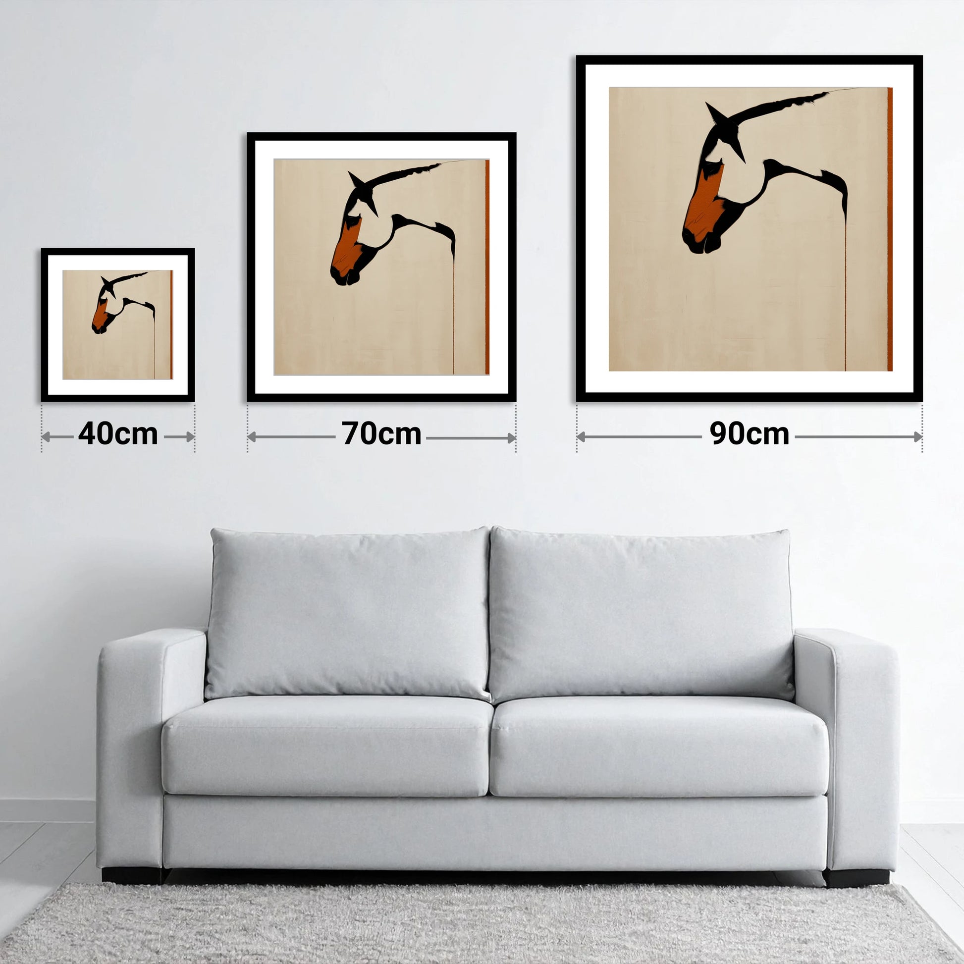 Minimalist Equine Profile - size guide showing 40cm, 70cm and 90cm art prints