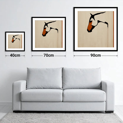 Minimalist Equine Profile - size guide showing 40cm, 70cm and 90cm art prints