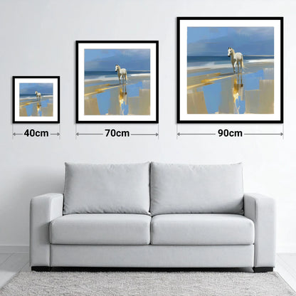 Coastal Reflection - size guide showing 40cm, 70cm and 90cm art prints