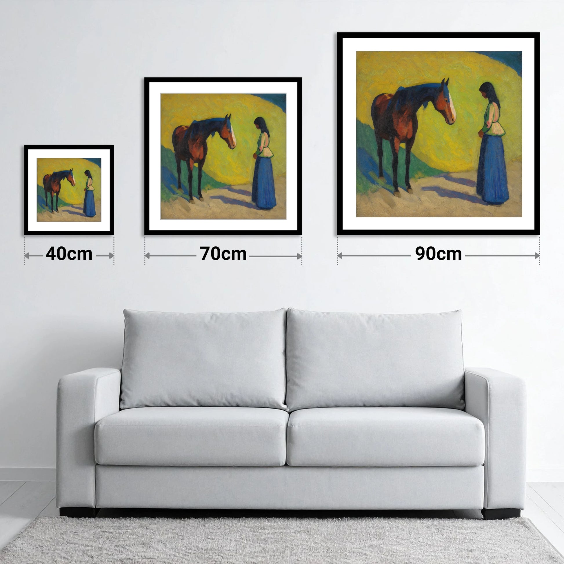 Vibrant Connection - size guide showing 40cm, 70cm and 90cm art prints