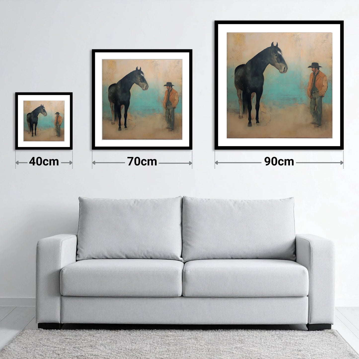 The Quiet Accord - size guide showing 40cm, 70cm and 90cm art prints