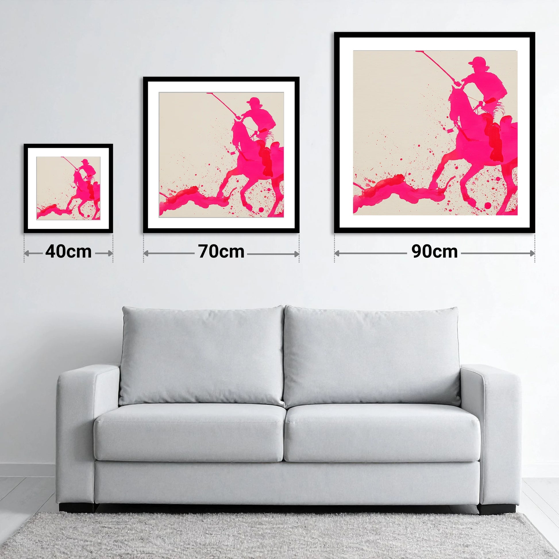 Vibrant Polo Strike - size guide showing 40cm, 70cm and 90cm art prints