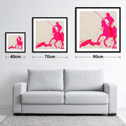 Vibrant Polo Strike - size guide showing 40cm, 70cm and 90cm art prints
