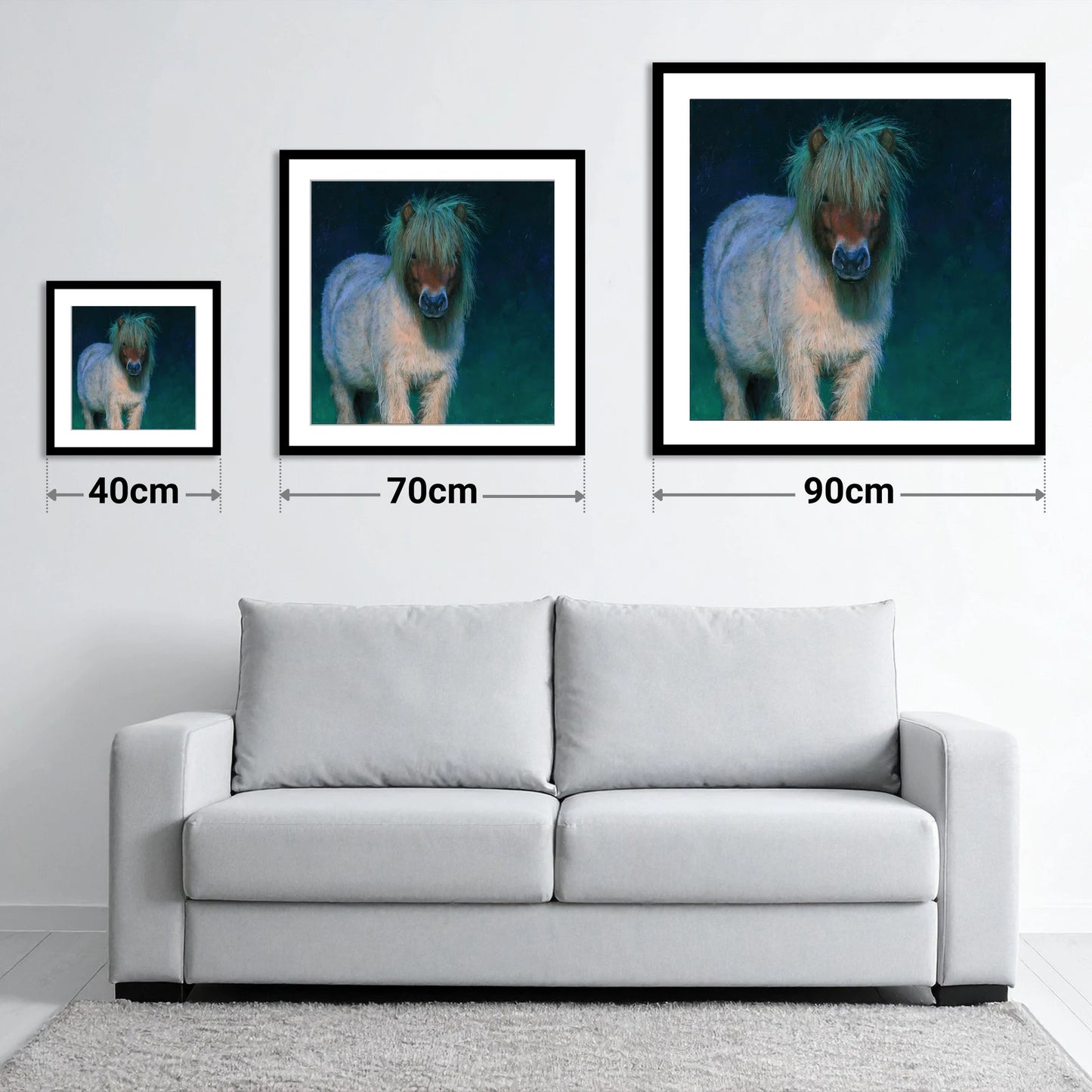 Shetland Pony in Moonlight - size guide showing 40cm, 70cm and 90cm art prints