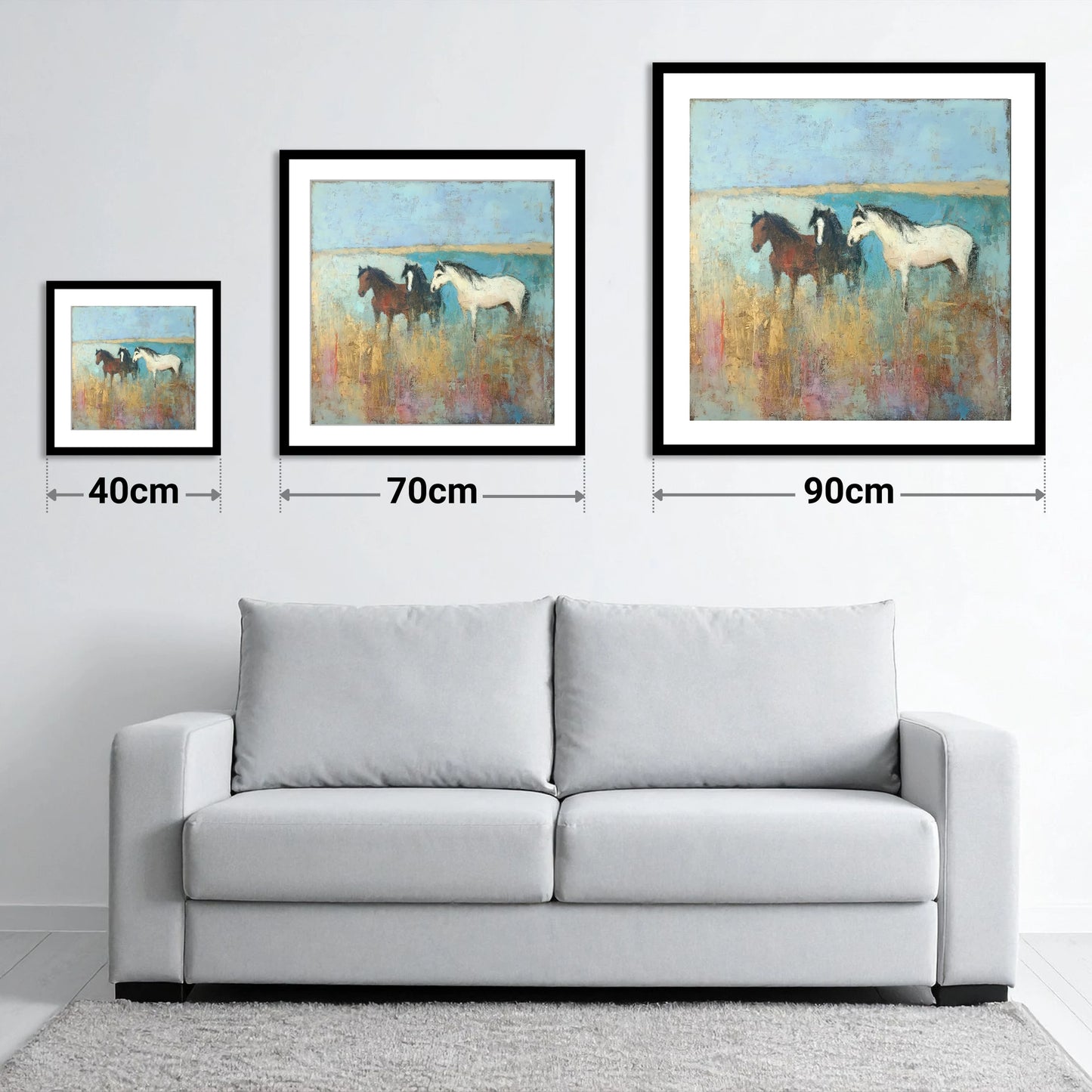 Coastal Companions - size guide showing 40cm, 70cm and 90cm art prints
