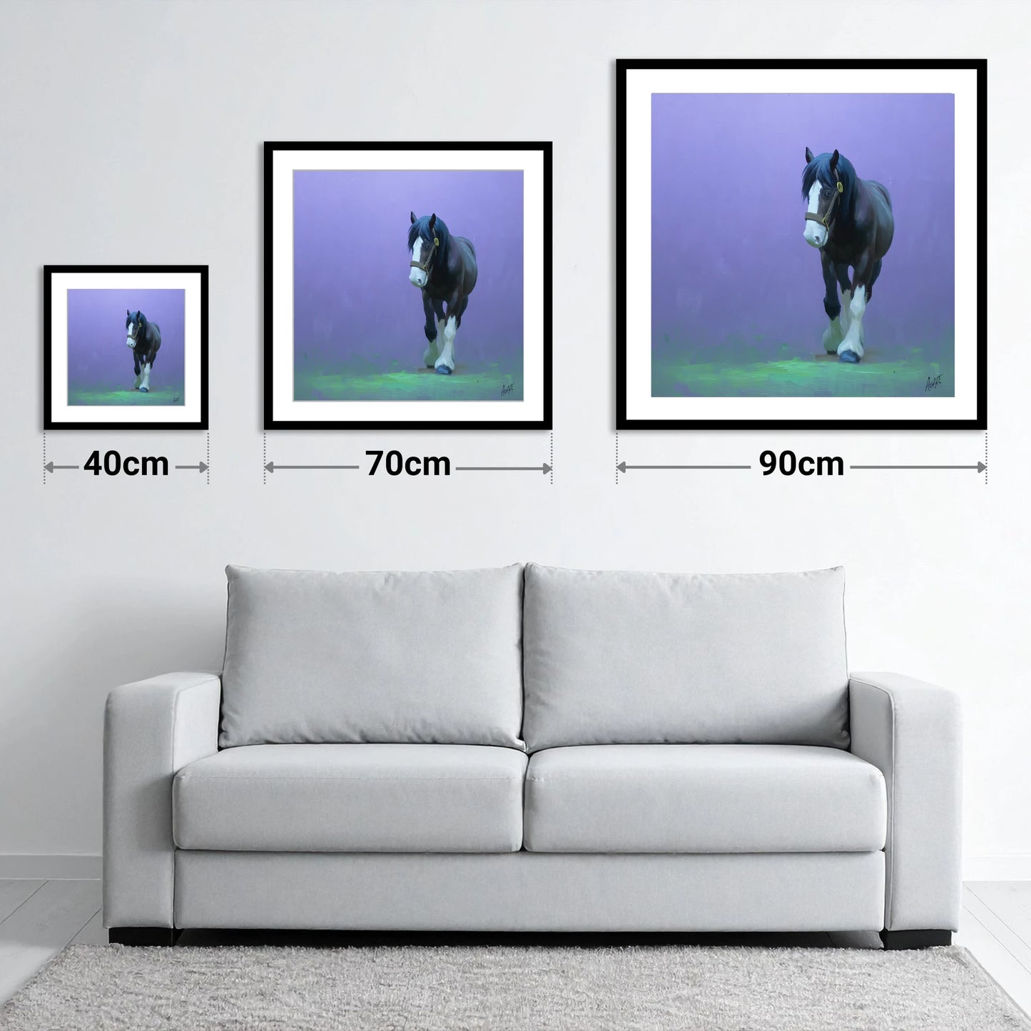 The Stepping Cob - size guide showing 40cm, 70cm and 90cm art prints