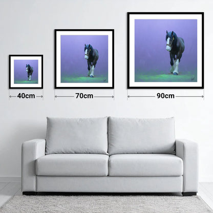 The Stepping Cob - size guide showing 40cm, 70cm and 90cm art prints