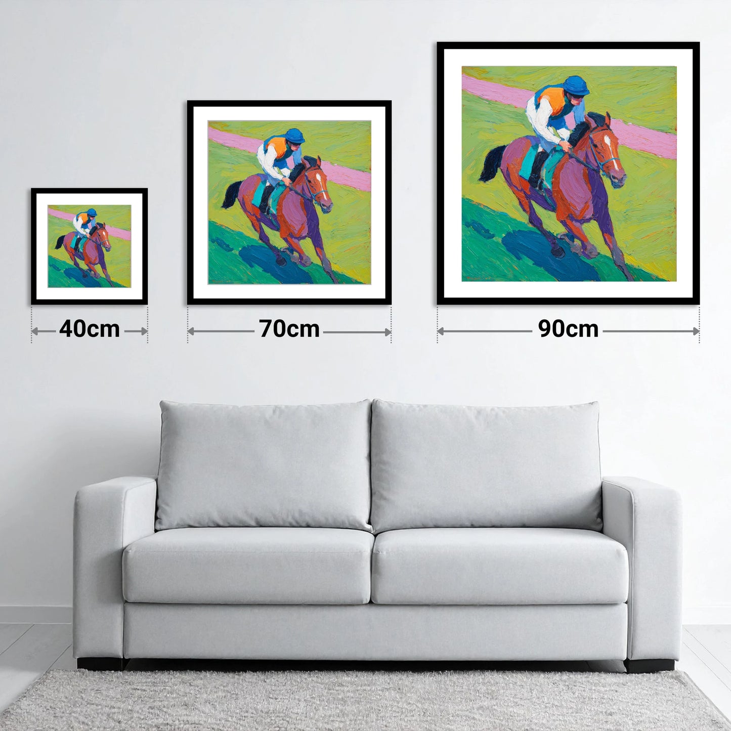 The Painted Pace - size guide showing 40cm, 70cm and 90cm art prints