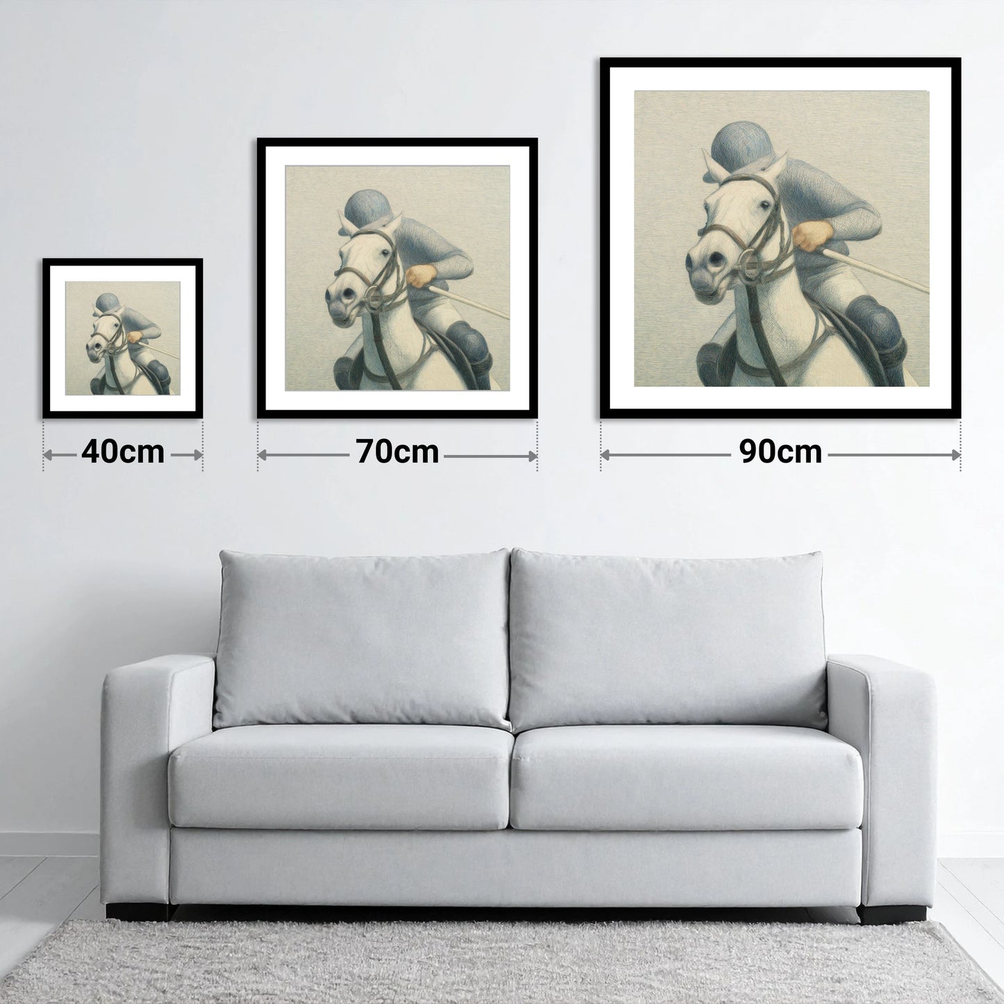 A Timeless Chukka - size guide showing 40cm, 70cm and 90cm art prints
