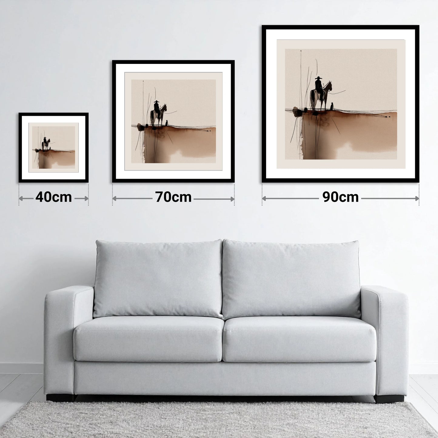 Frontier Silhouette - size guide showing 40cm, 70cm and 90cm art prints