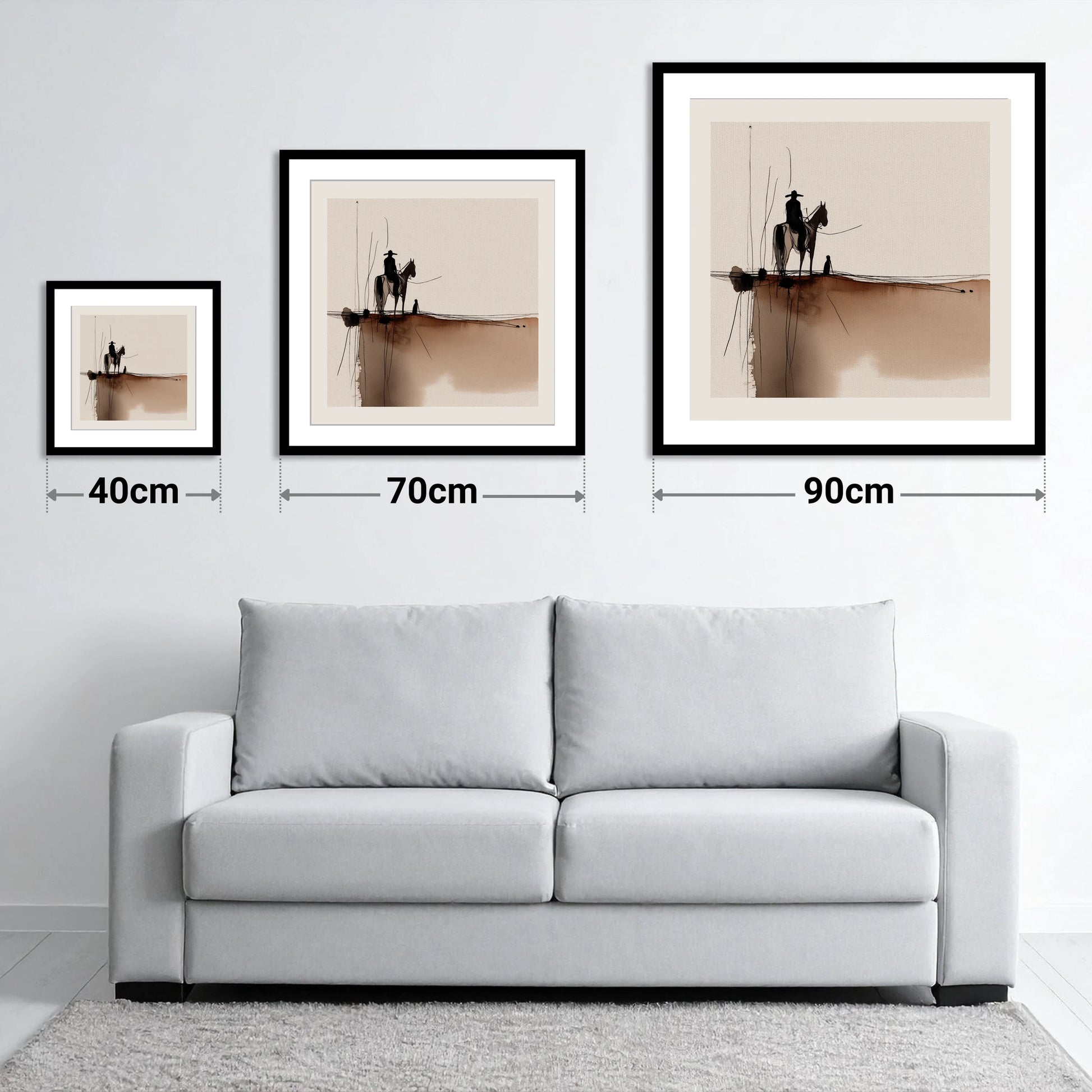 Frontier Silhouette - size guide showing 40cm, 70cm and 90cm art prints