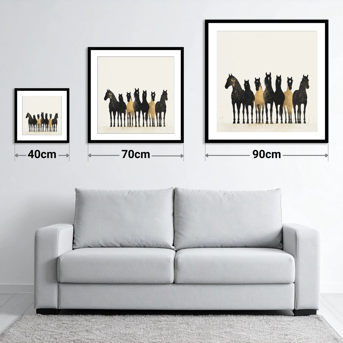Gilded Companions - size guide showing 40cm, 70cm and 90cm art prints