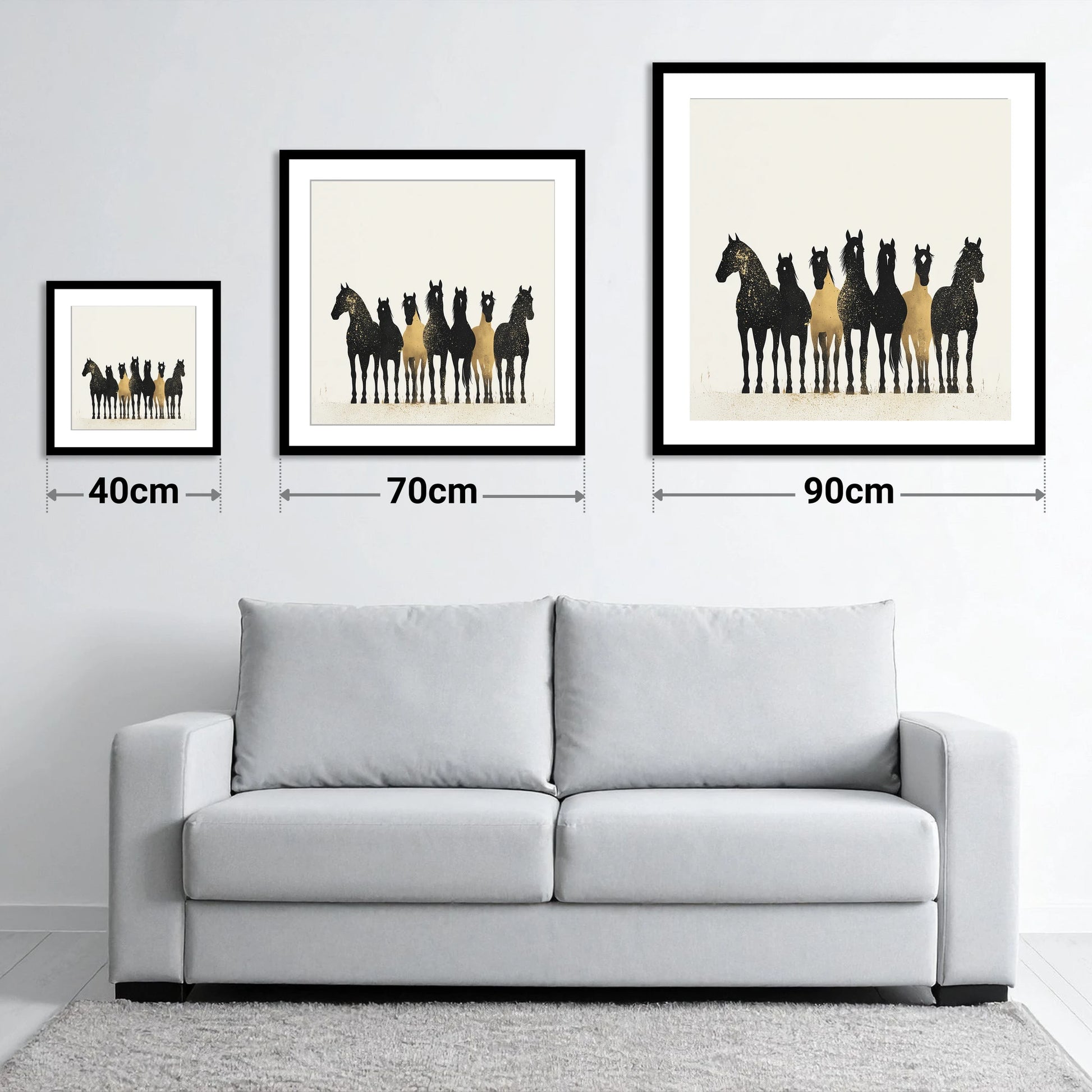 Gilded Companions - size guide showing 40cm, 70cm and 90cm art prints