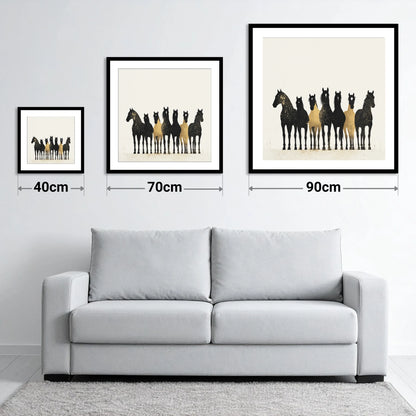 Gilded Companions - size guide showing 40cm, 70cm and 90cm art prints