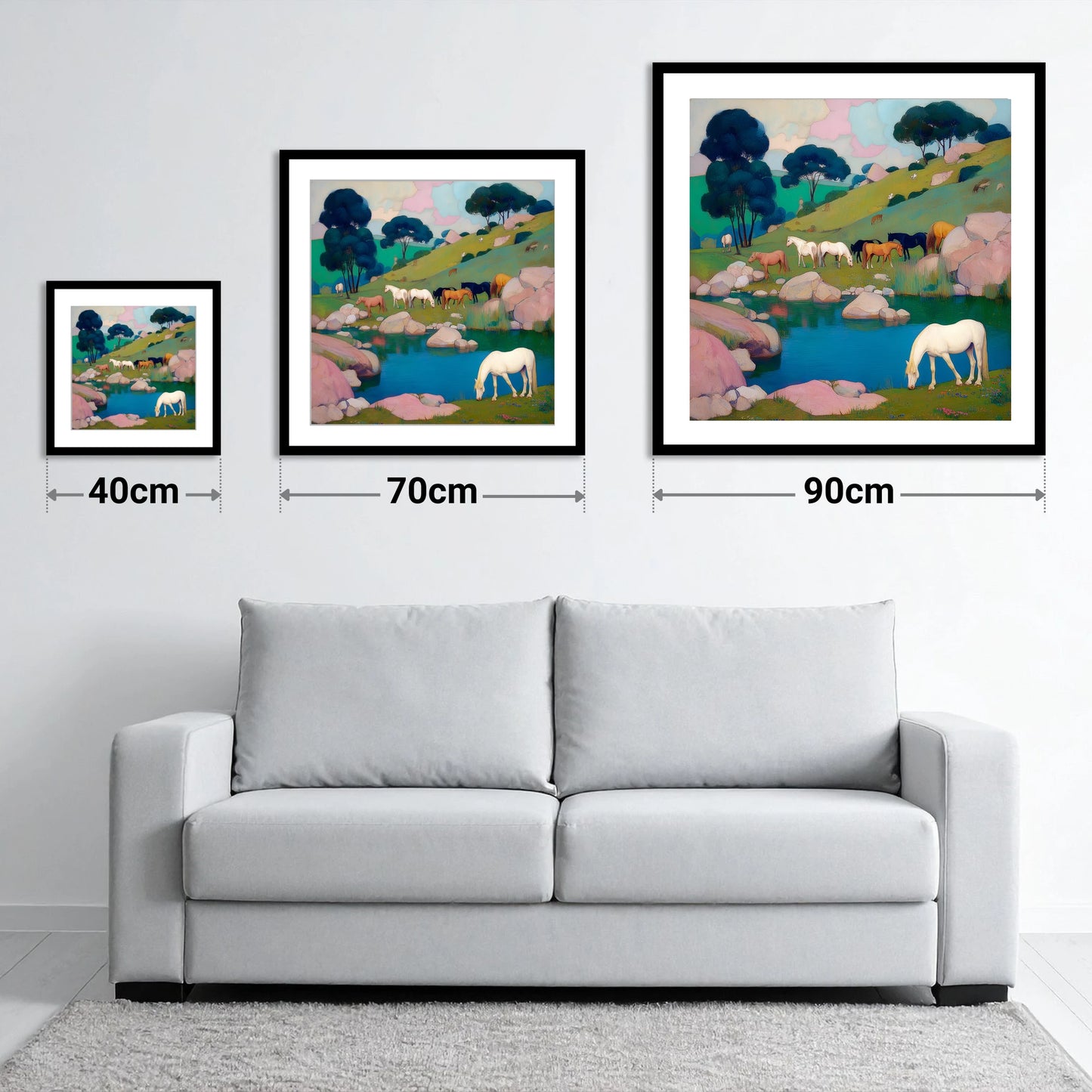 The Pastel Pasture - size guide showing 40cm, 70cm and 90cm art prints