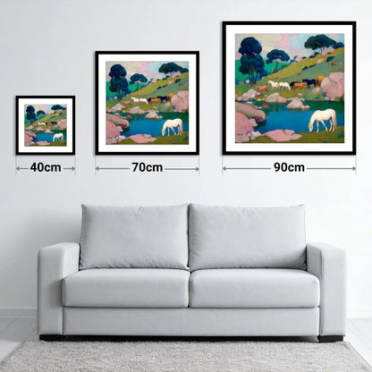 The Pastel Pasture - size guide showing 40cm, 70cm and 90cm art prints