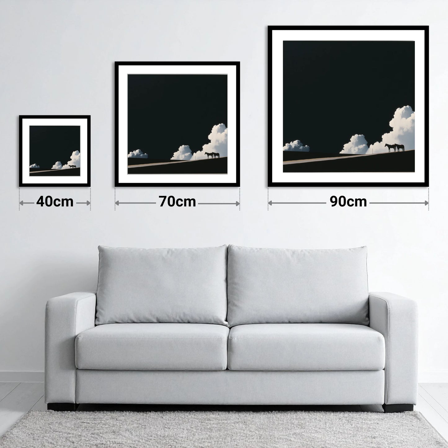 Beneath an Obsidian Sky - size guide showing 40cm, 70cm and 90cm art prints