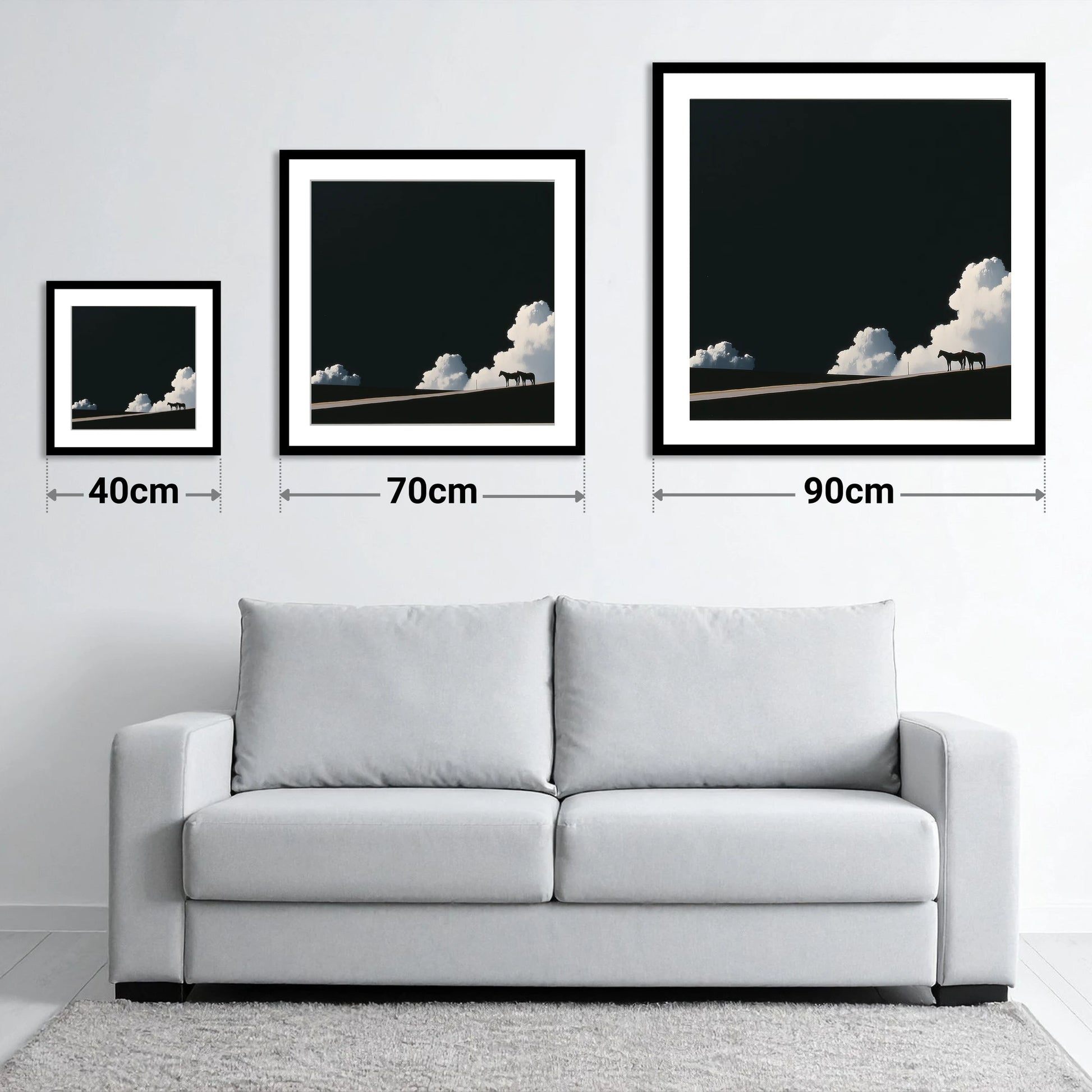 Beneath an Obsidian Sky - size guide showing 40cm, 70cm and 90cm art prints
