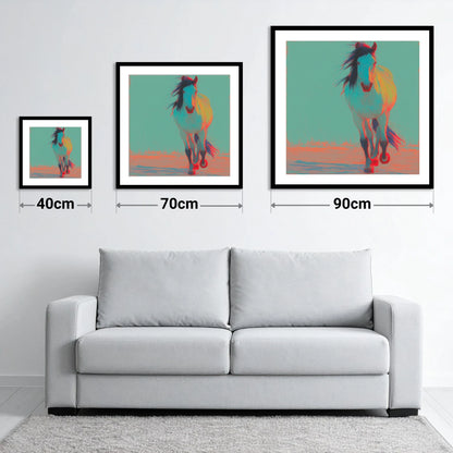 Electric Cyan Stride - size guide showing 40cm, 70cm and 90cm art prints
