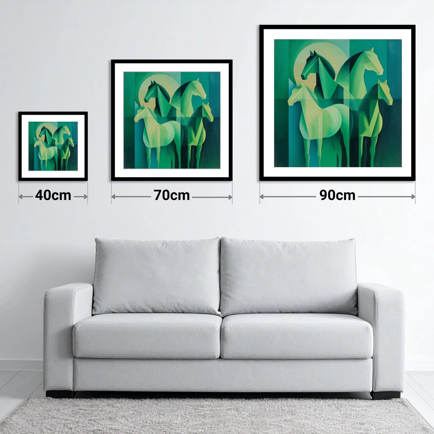 Emerald Herd Harmony - size guide showing 40cm, 70cm and 90cm art prints