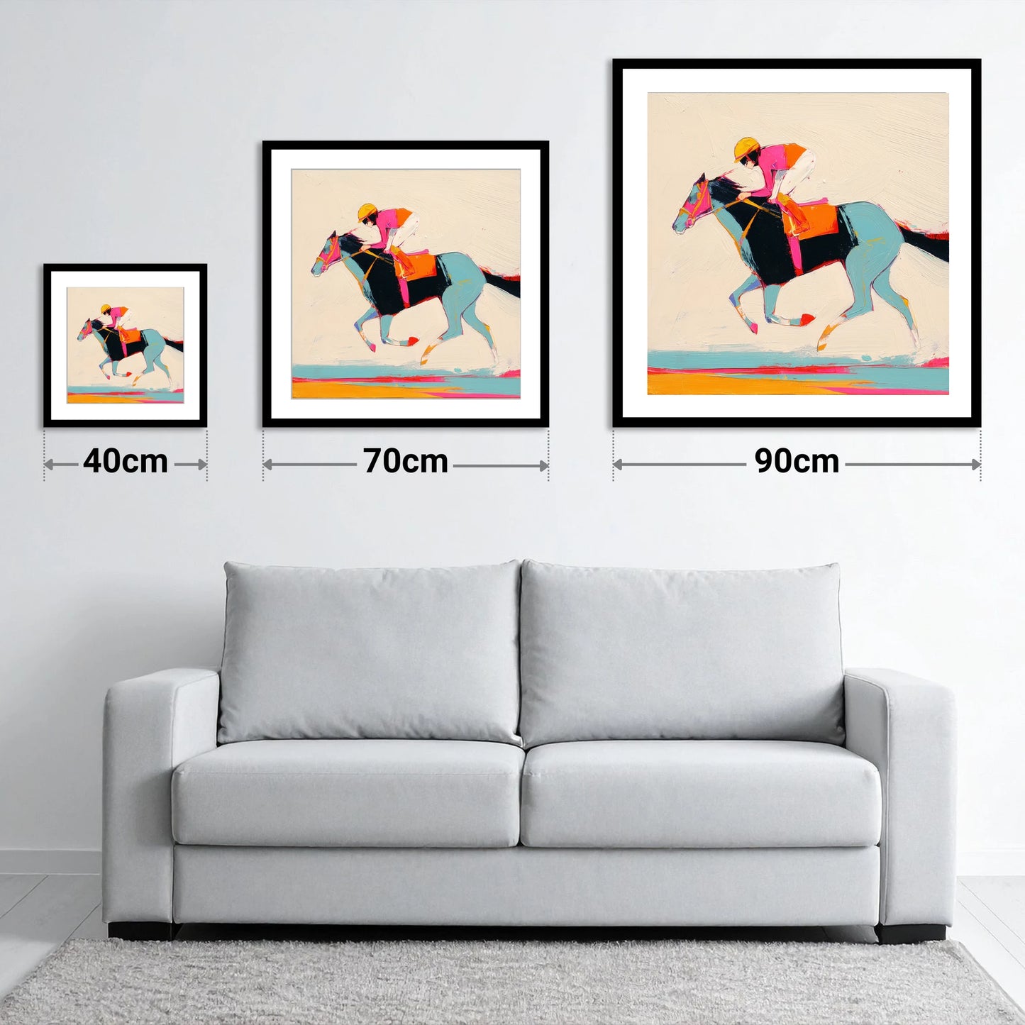 Technicolour Gallop - size guide showing 40cm, 70cm and 90cm art prints