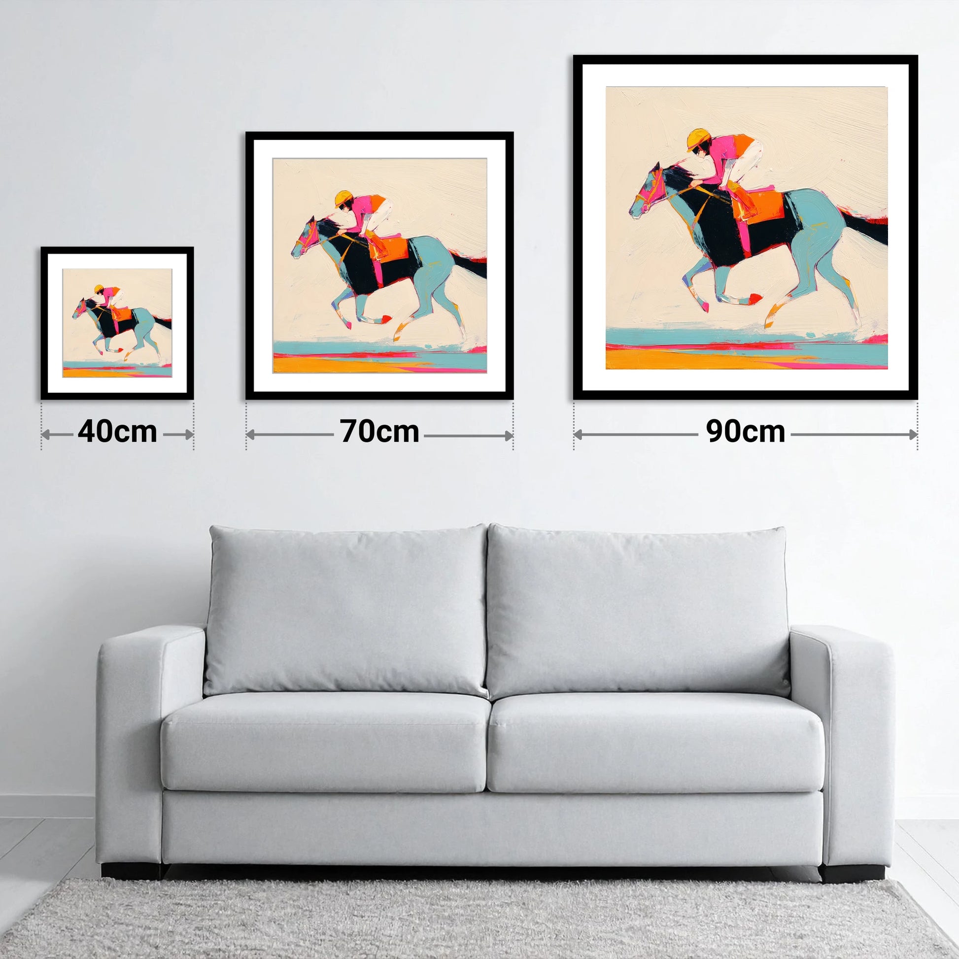Technicolour Gallop - size guide showing 40cm, 70cm and 90cm art prints