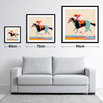 Technicolour Gallop - size guide showing 40cm, 70cm and 90cm art prints