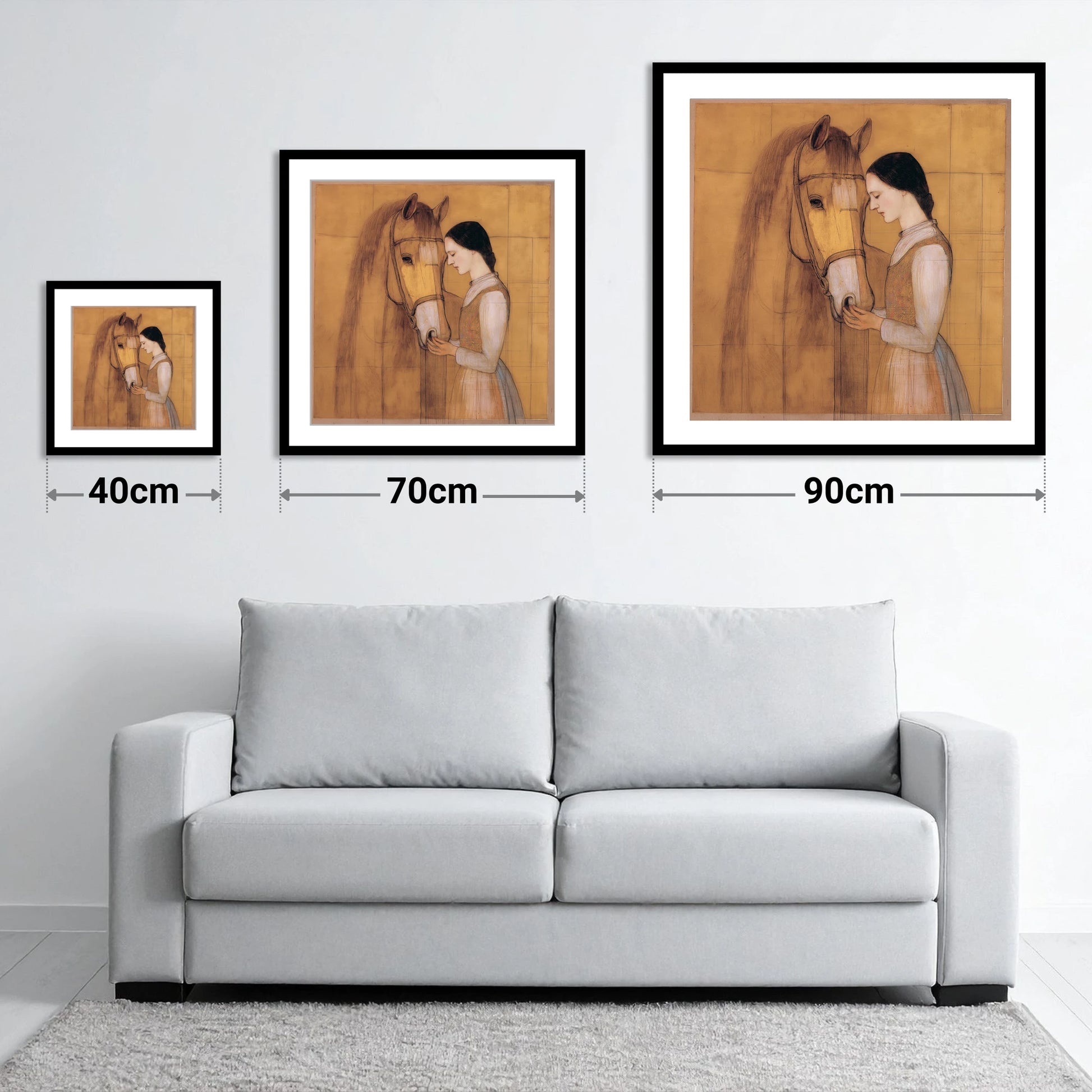 Quiet Connection - size guide showing 40cm, 70cm and 90cm art prints