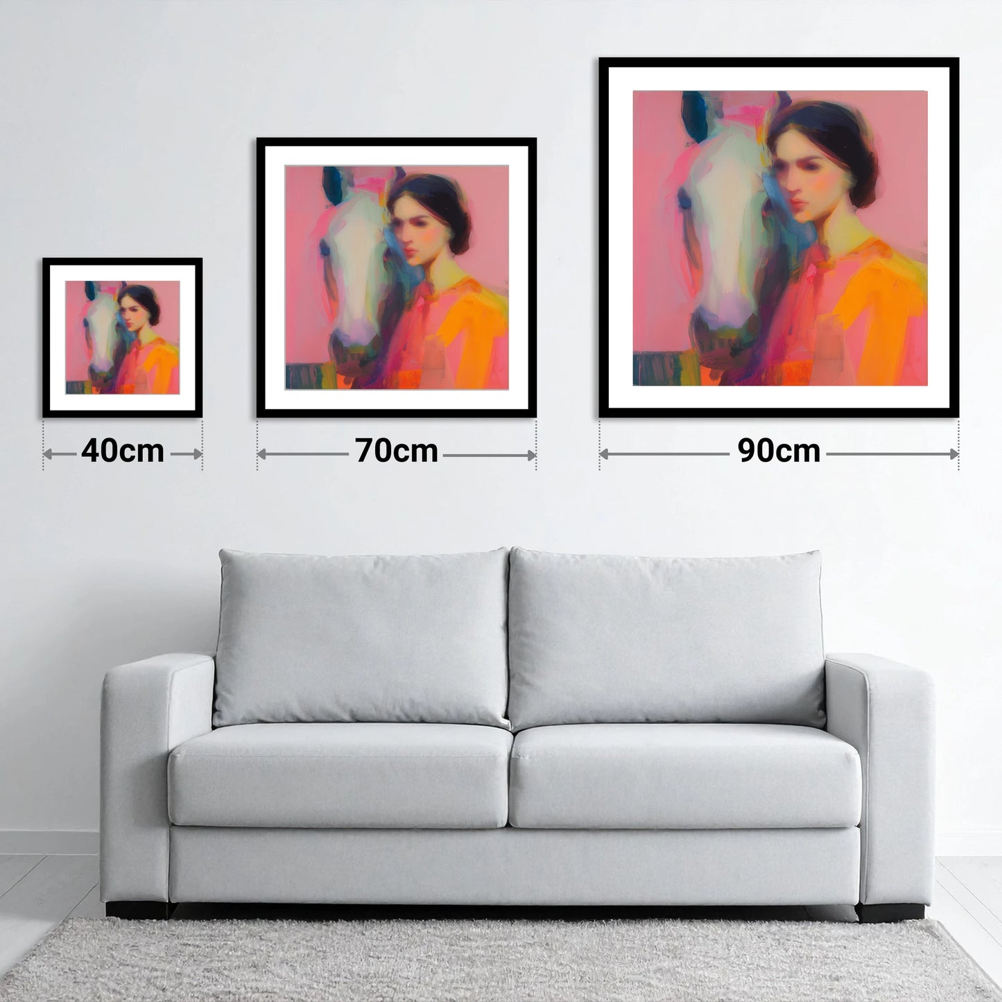 Vibrant Connection - size guide showing 40cm, 70cm and 90cm art prints