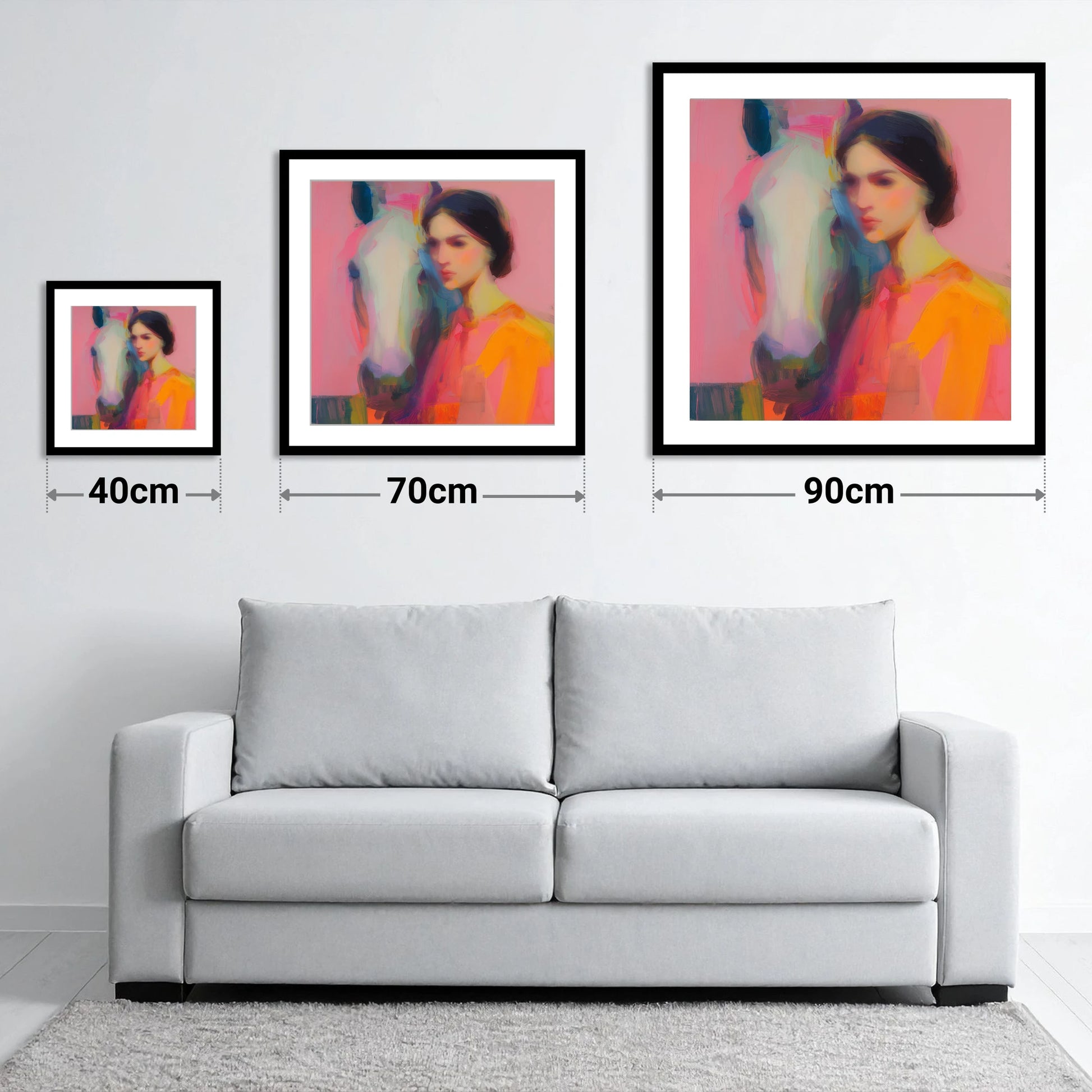 Vibrant Connection - size guide showing 40cm, 70cm and 90cm art prints