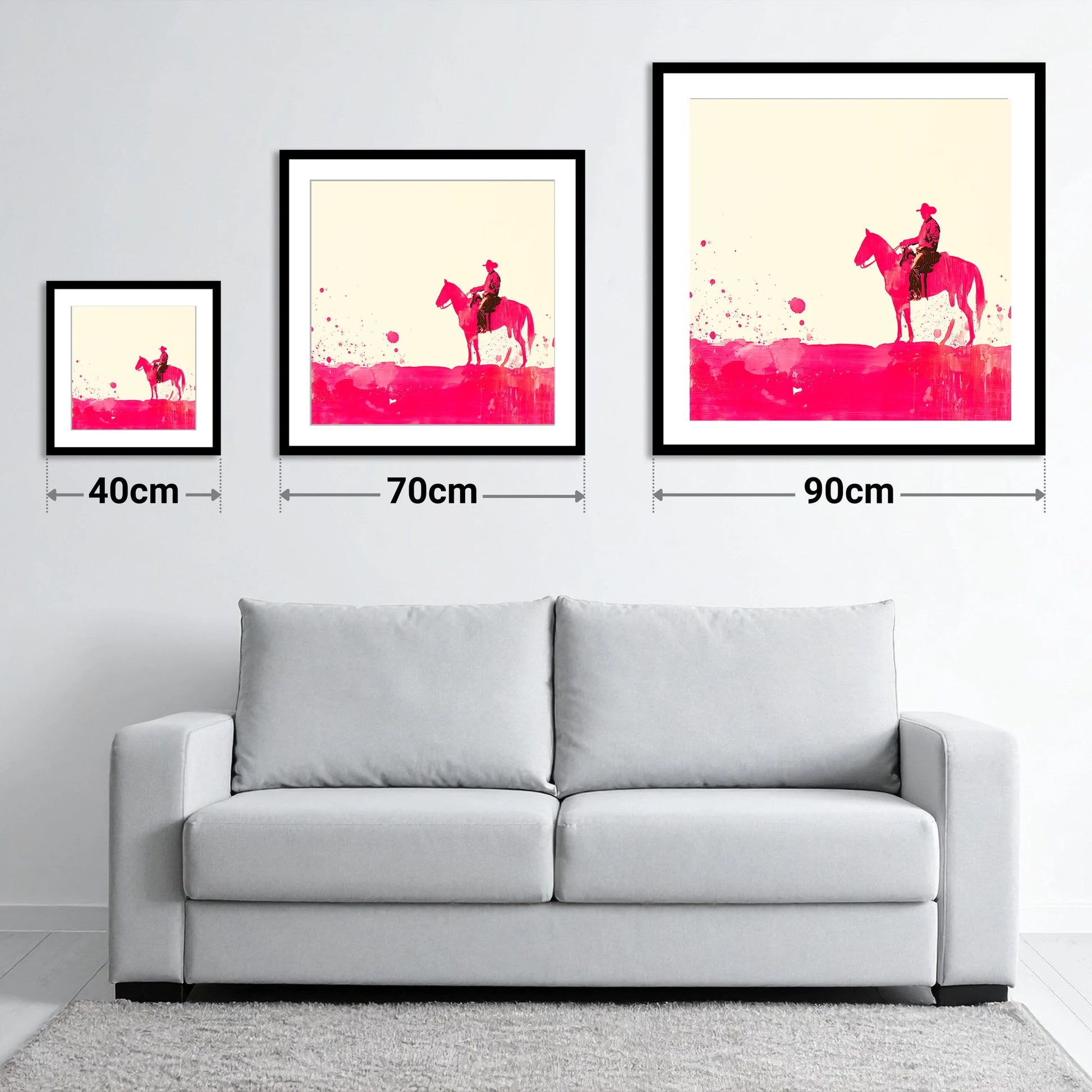 Vivid Western Silhouette - size guide showing 40cm, 70cm and 90cm art prints