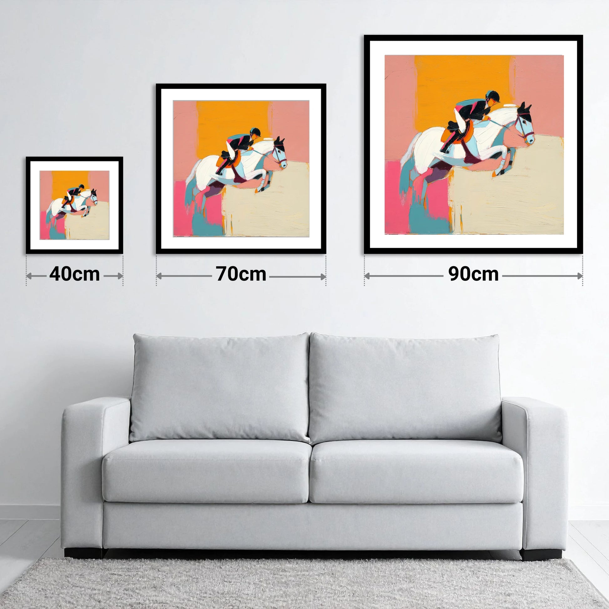 Vibrant Flight - size guide showing 40cm, 70cm and 90cm art prints