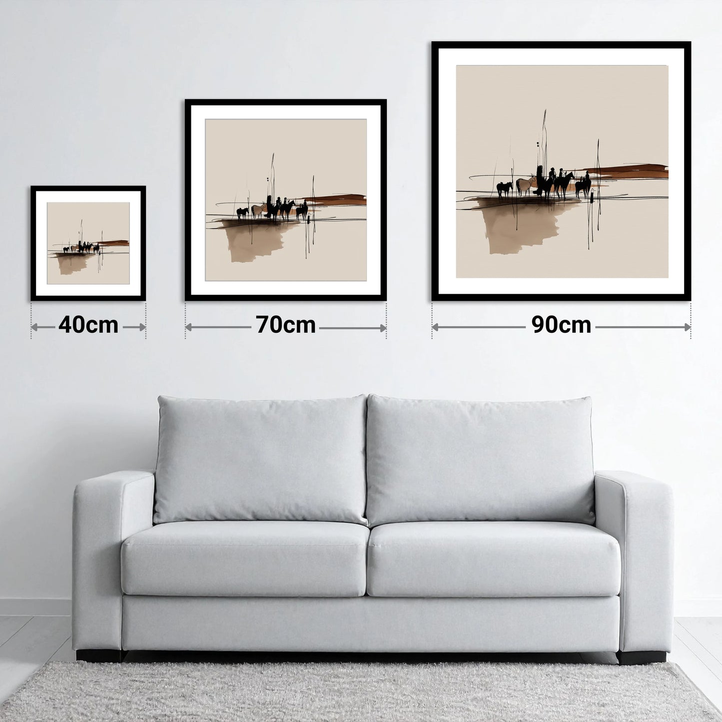 Silhouettes on the Wash - size guide showing 40cm, 70cm and 90cm art prints