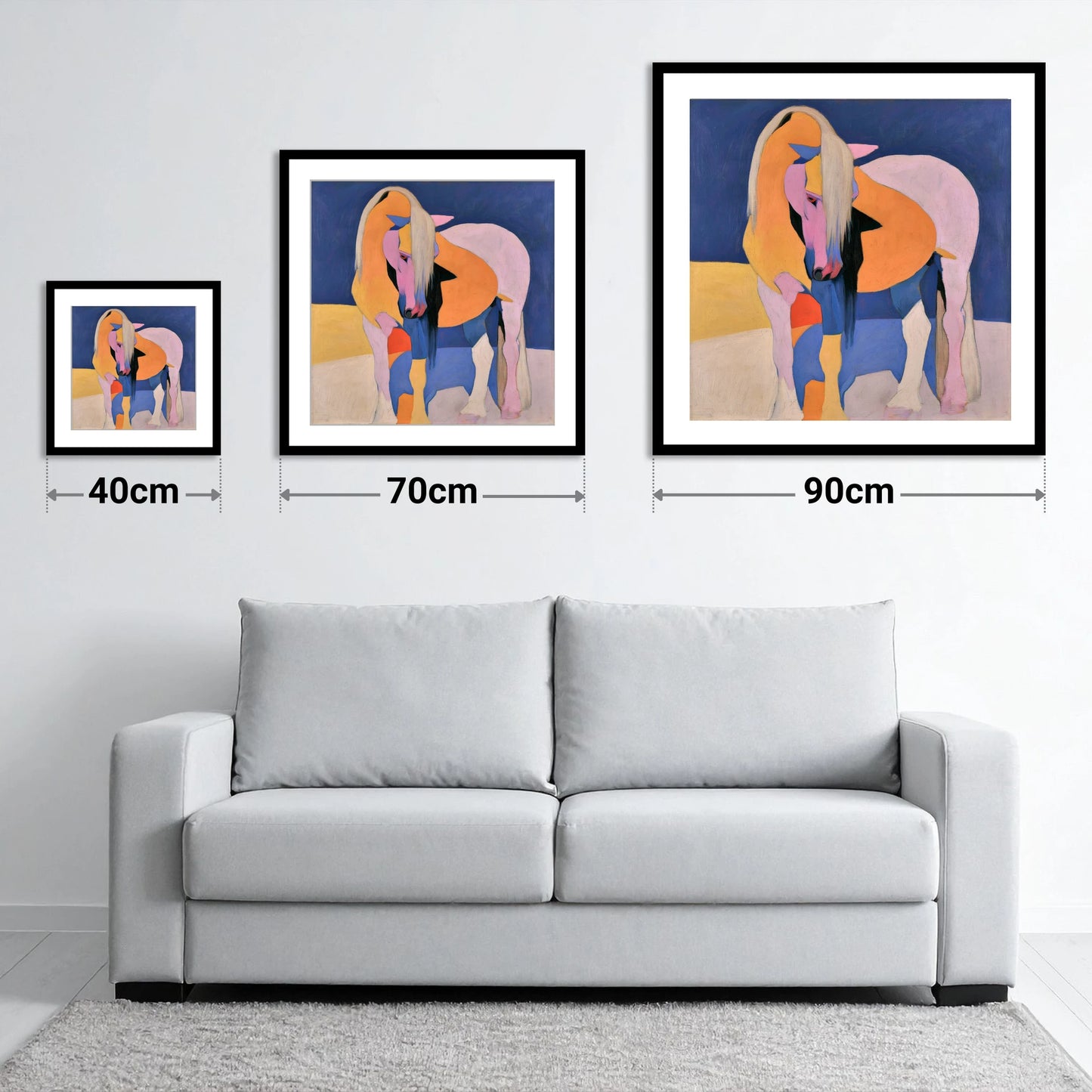 Vibrant Pink And Orange Horse - size guide showing 40cm, 70cm and 90cm art prints