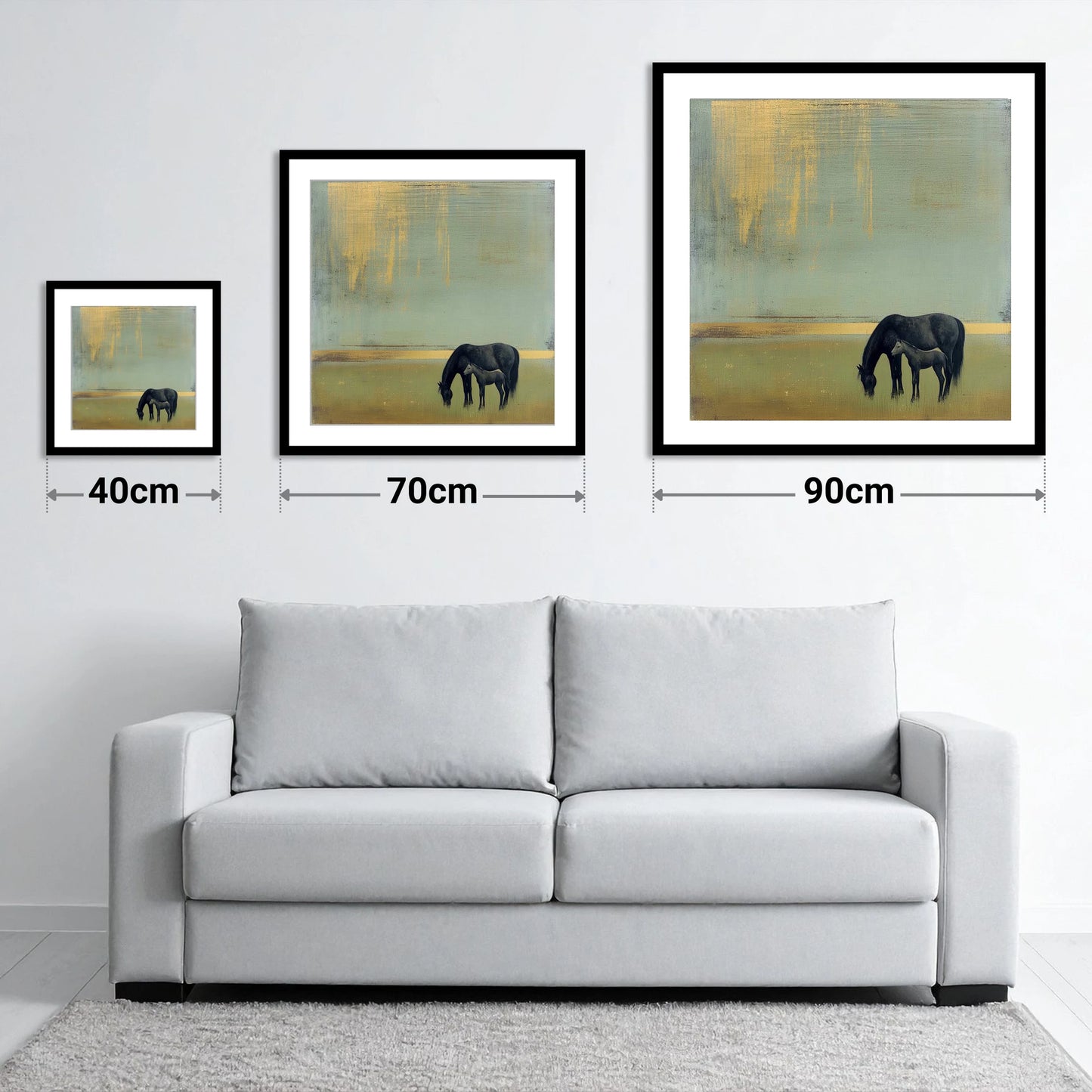 Gilded Serenity - size guide showing 40cm, 70cm and 90cm art prints