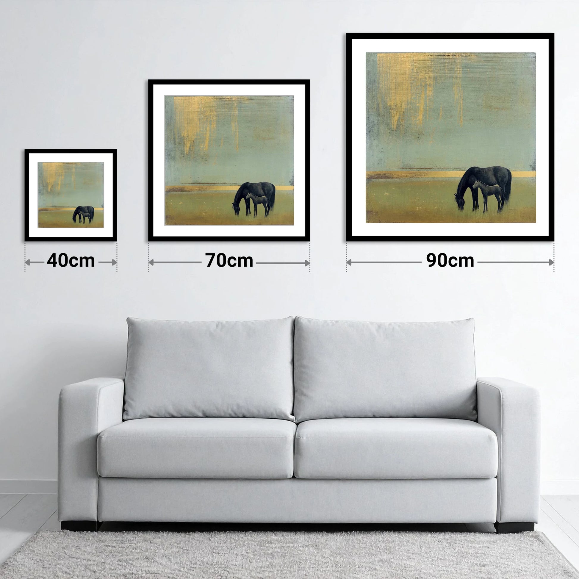 Gilded Serenity - size guide showing 40cm, 70cm and 90cm art prints