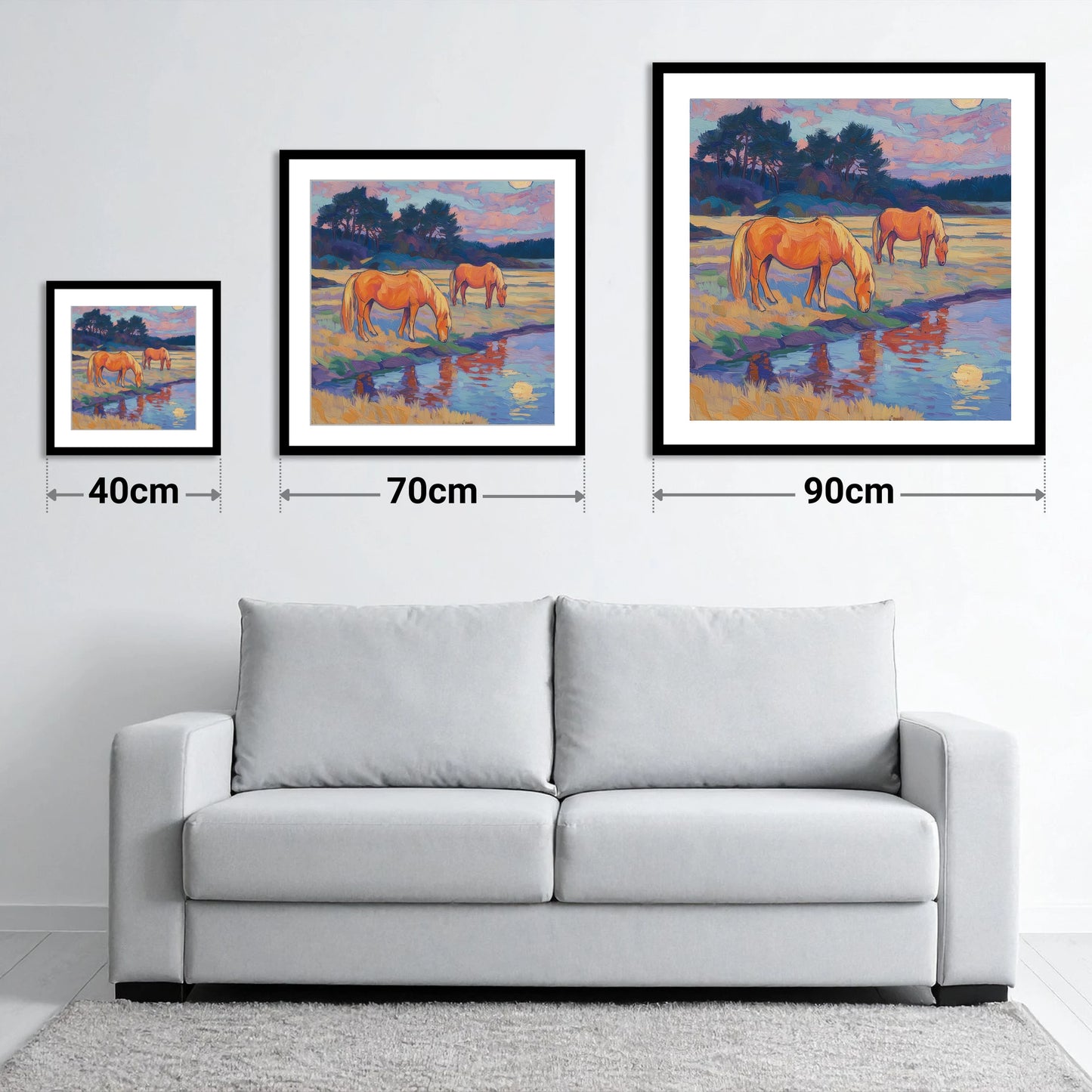 Evening Pasture Reflections - size guide showing 40cm, 70cm and 90cm art prints