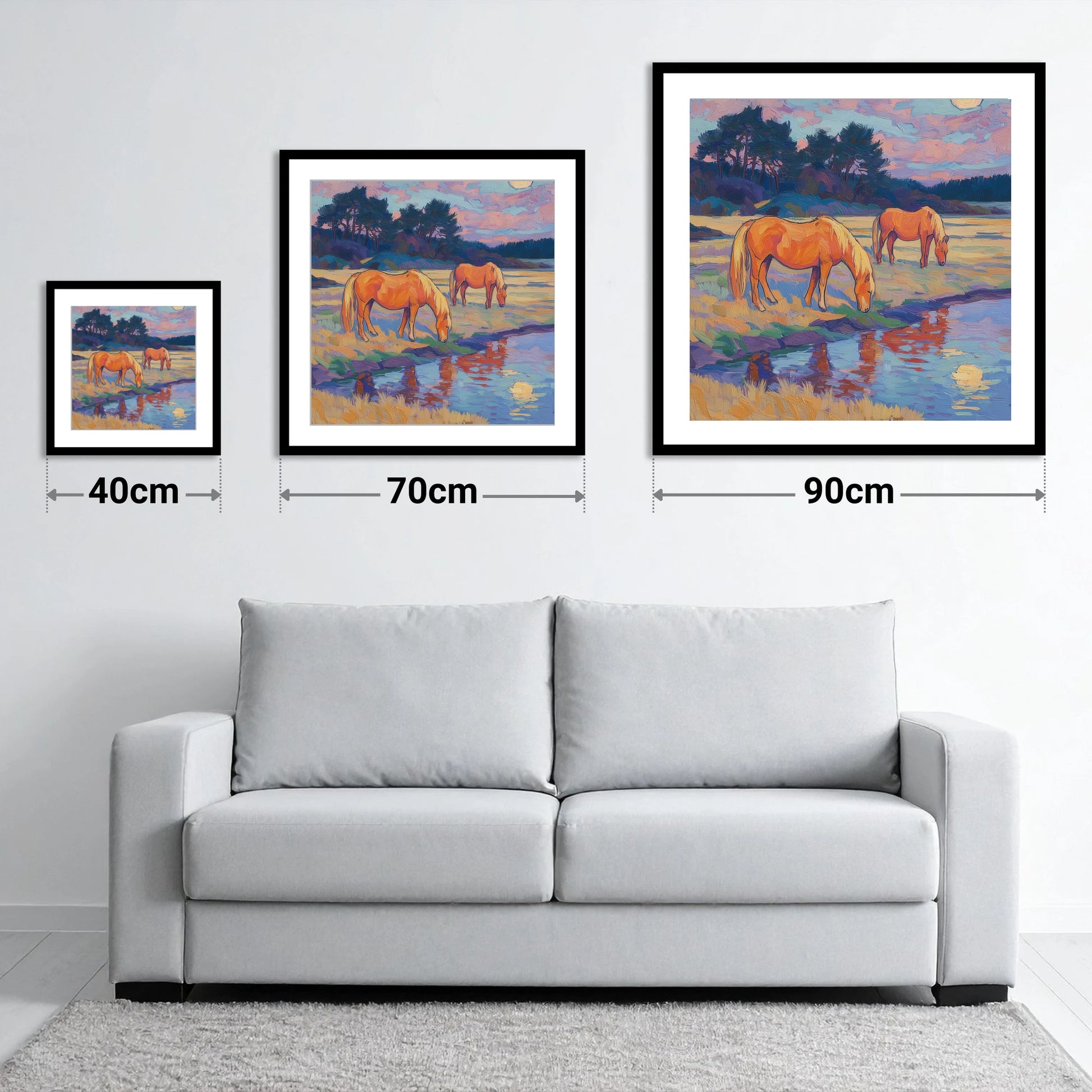 Evening Pasture Reflections - size guide showing 40cm, 70cm and 90cm art prints